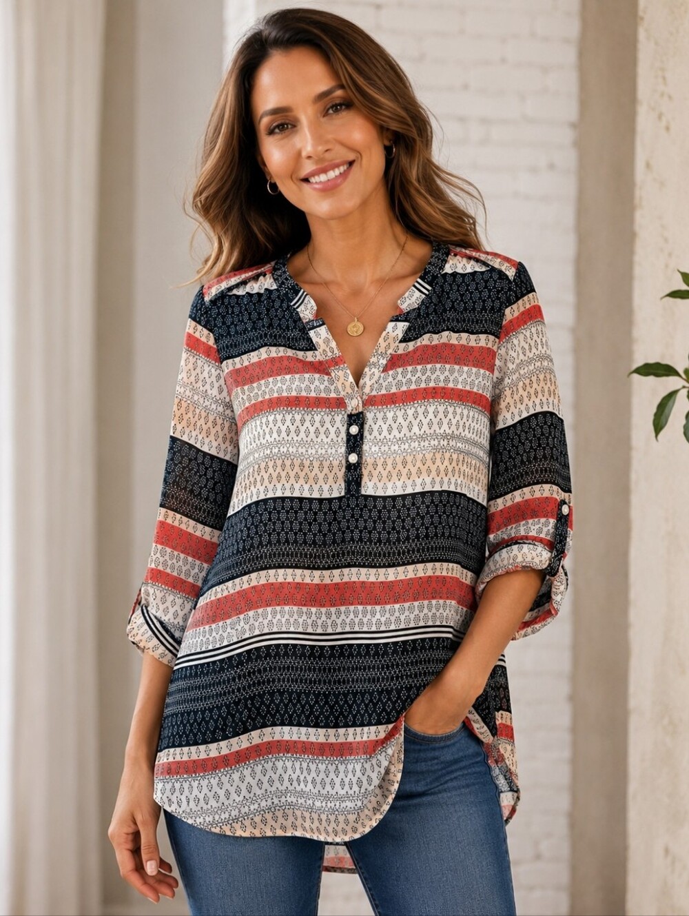 💙 cleo Striped Popover Tunic - Black, White & Red